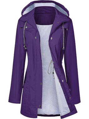 Women's Purple Hooded Adjustable Drawstring Waterproof Windbreaker Trench Coat